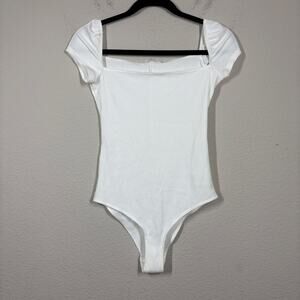 Reformation Jeans Size XS Ribbed Bodysuit White Cap Sleeves Square Neckline